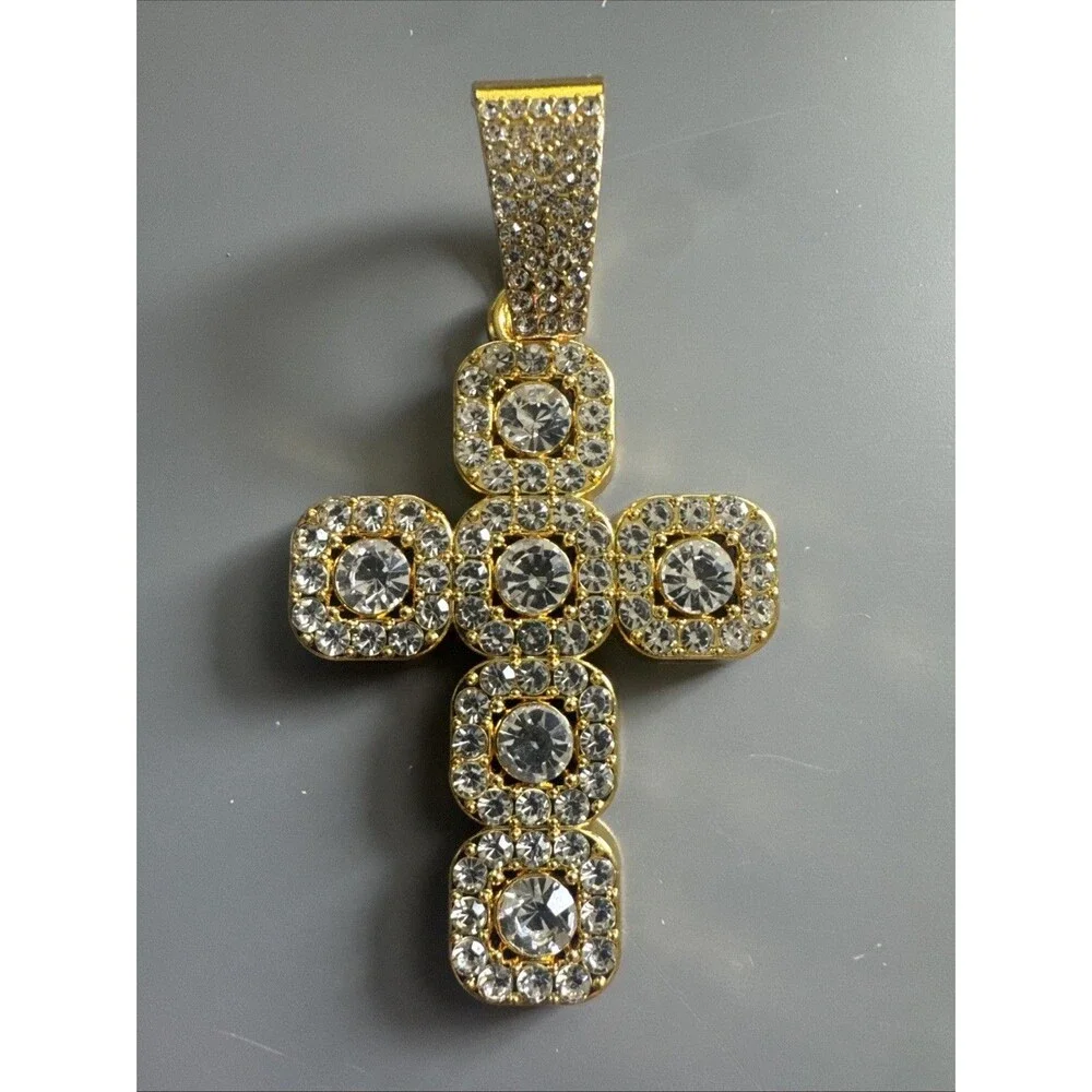 Gold Plated Cross Pendant Cubic Zirconia 24 Inch Necklace Unisex Hip Hop Gift